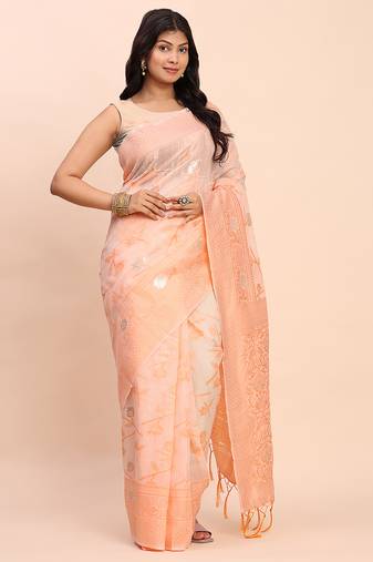 peach color linen cotton woven saree with blouse