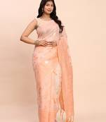 peach color linen cotton woven saree with blouse