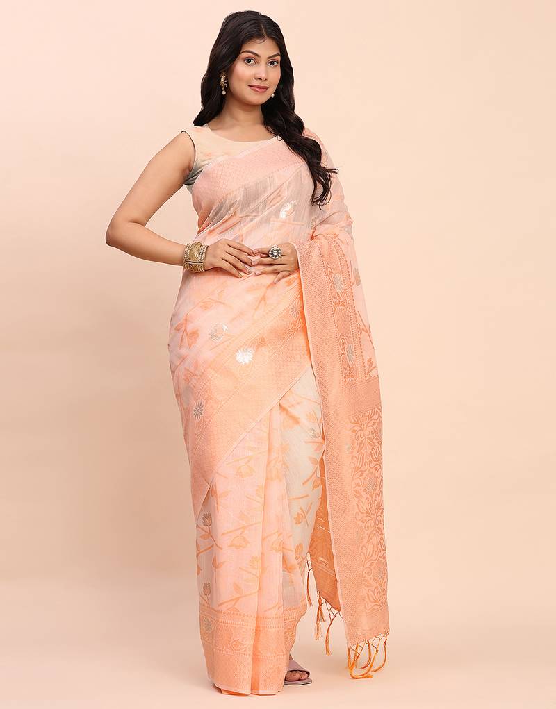 peach color linen cotton woven saree with blouse