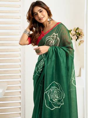 Green digital printed linen ready to wear designer saree with unstitched blouse 6