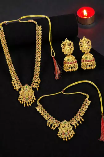 Gold plated temple design combo jewellery set