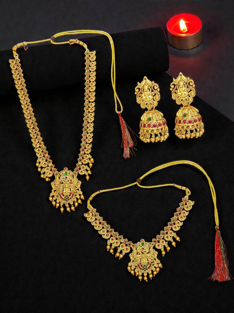 Gold plated temple design combo jewellery set