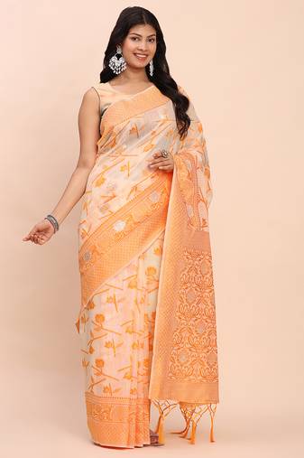 orange color linen cotton woven saree with blouse