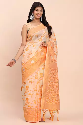 orange color linen cotton woven saree with blouse