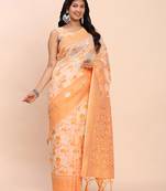 orange color linen cotton woven saree with blouse
