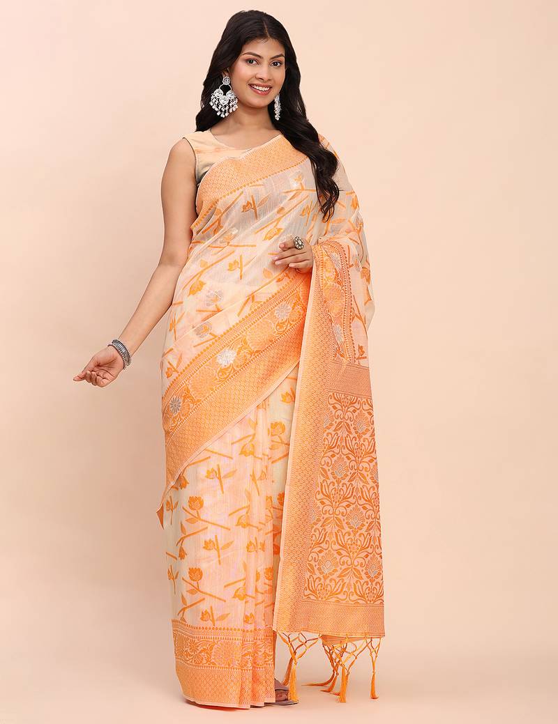 orange color linen cotton woven saree with blouse
