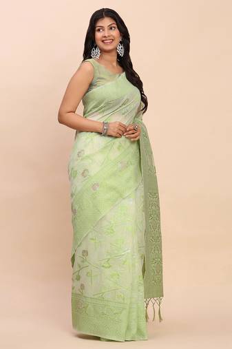 light green color linen cotton woven saree with blouse