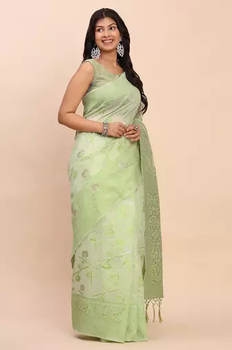 light green color linen cotton woven saree with blouse