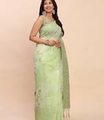 light green color linen cotton woven saree with blouse