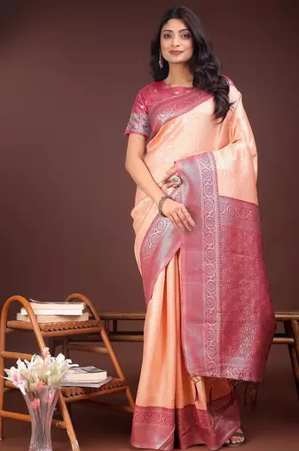 orange color lichi art silk blend zari weaving saree with blouse