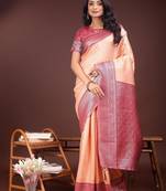 orange color lichi art silk blend zari weaving saree with blouse