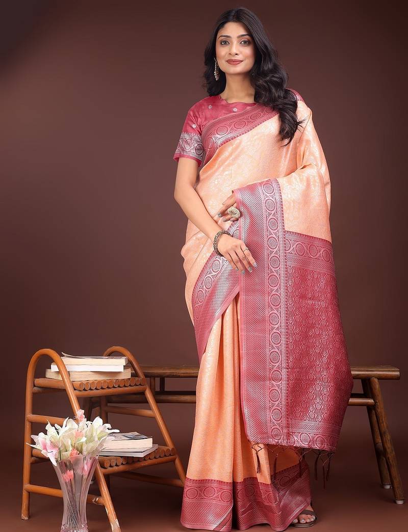 orange color lichi art silk blend zari weaving saree with blouse