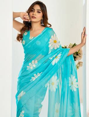Sea blue digital printed linen ready to wear designer saree with unstitched blouse 6