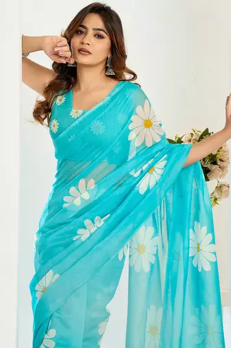 Sea blue digital printed linen ready to wear designer saree with unstitched blouse
