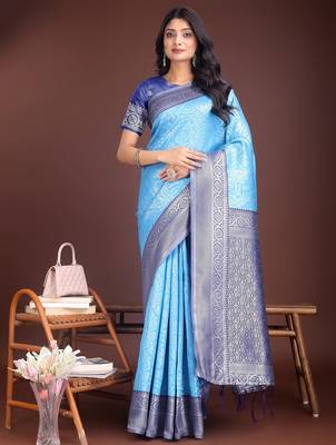 sky blue color lichi art silk blend zari weaving saree with blouse 1