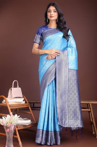 sky blue color lichi art silk blend zari weaving saree with blouse