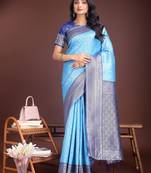 sky blue color lichi art silk blend zari weaving saree with blouse