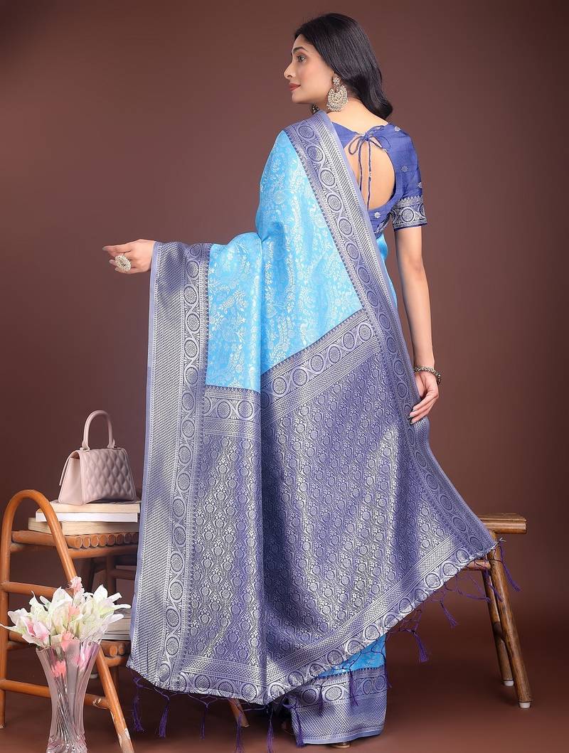 sky blue color lichi art silk blend zari weaving saree with blouse