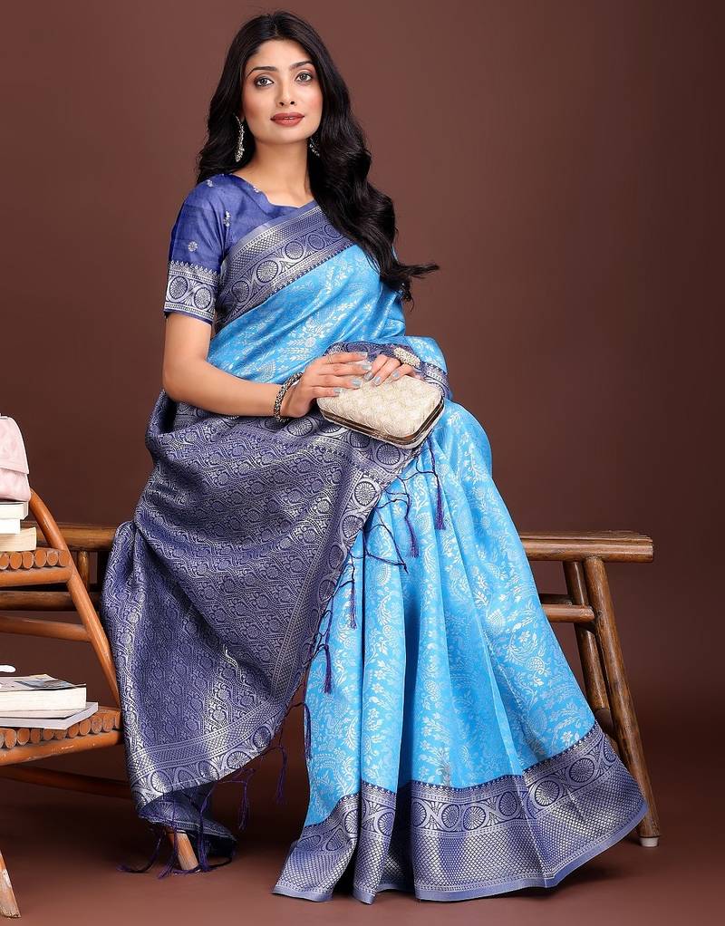 sky blue color lichi art silk blend zari weaving saree with blouse