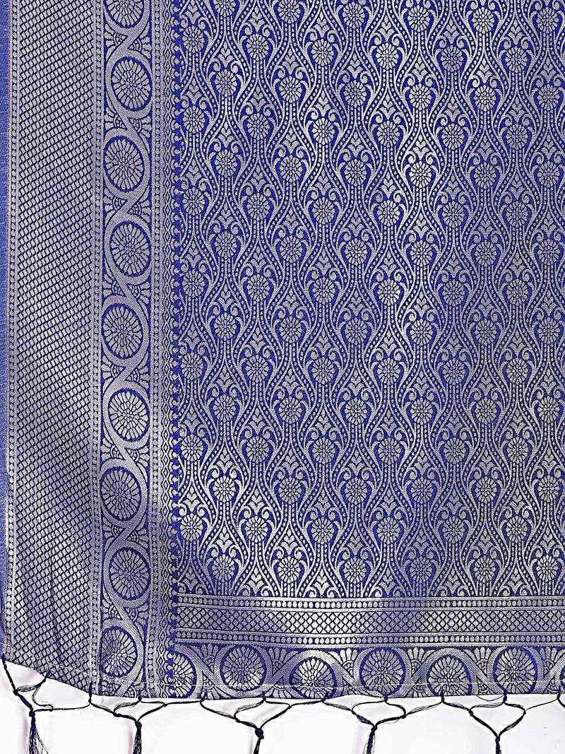 sky blue color lichi art silk blend zari weaving saree with blouse