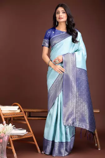 teal color lichi art silk blend zari weaving saree with blouse