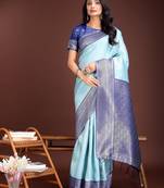 teal color lichi art silk blend zari weaving saree with blouse