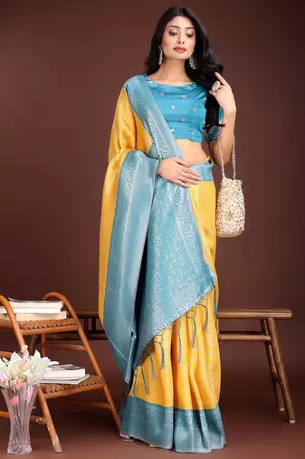 yellow color lichi art silk blend zari weaving saree with blouse