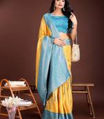 yellow color lichi art silk blend zari weaving saree with blouse