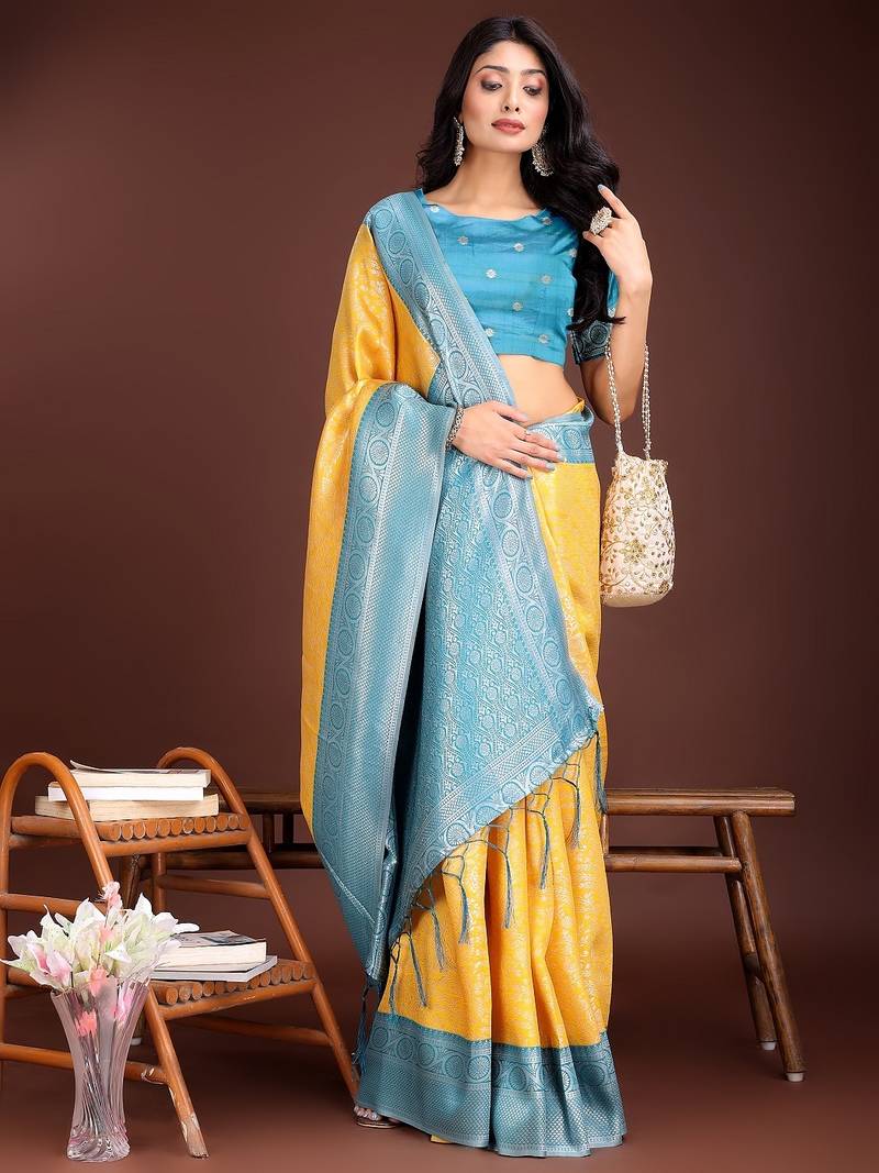 yellow color lichi art silk blend zari weaving saree with blouse