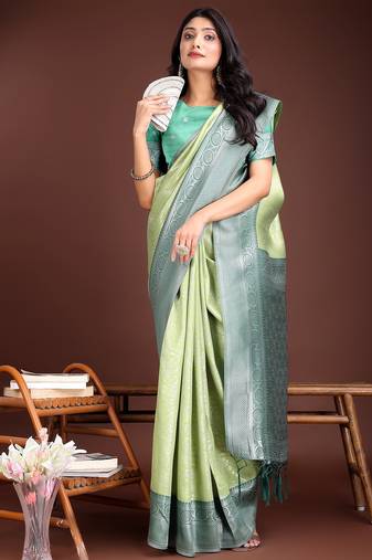 light green color lichi art silk blend zari weaving saree with blouse