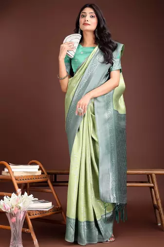 light green color lichi art silk blend zari weaving saree with blouse