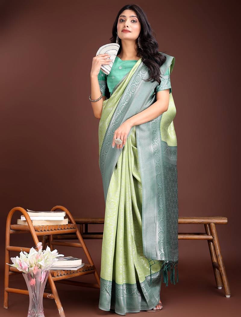 light green color lichi art silk blend zari weaving saree with blouse