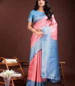 peach color lichi art silk blend zari weaving saree with blouse