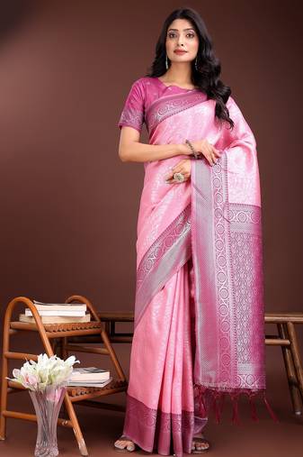 light pink color lichi art silk blend zari weaving saree with blouse