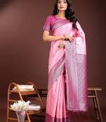 light pink color lichi art silk blend zari weaving saree with blouse