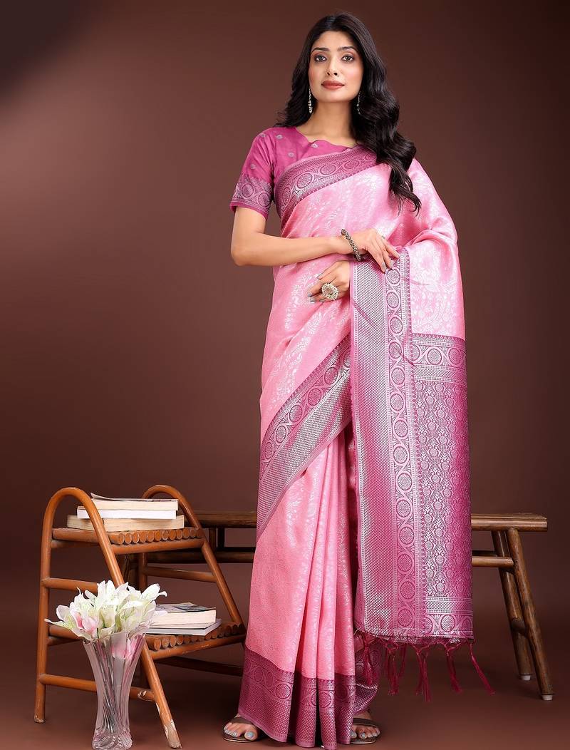 light pink color lichi art silk blend zari weaving saree with blouse