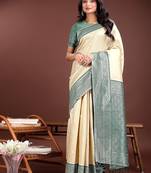 cream color lichi art silk blend zari weaving saree with blouse