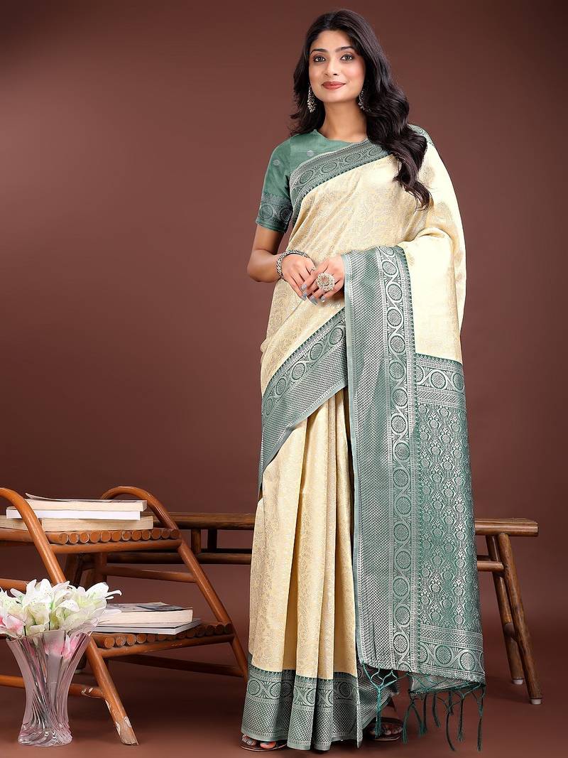 cream color lichi art silk blend zari weaving saree with blouse