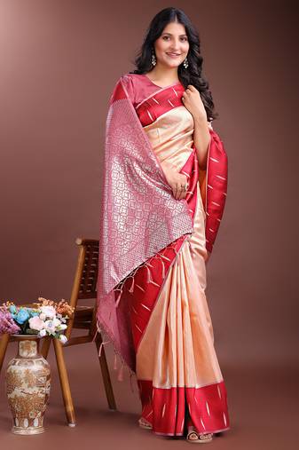 orange color lichi art silk blend zari weaving saree with blouse