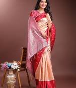 orange color lichi art silk blend zari weaving saree with blouse