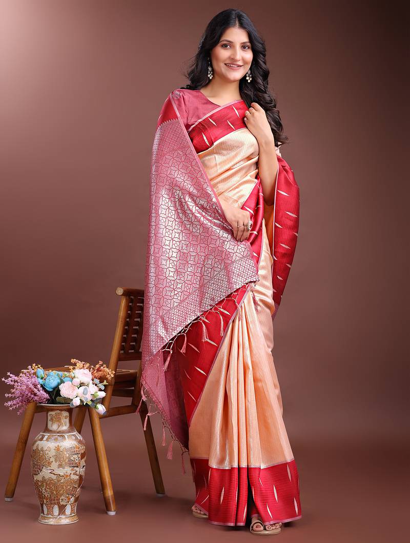 orange color lichi art silk blend zari weaving saree with blouse