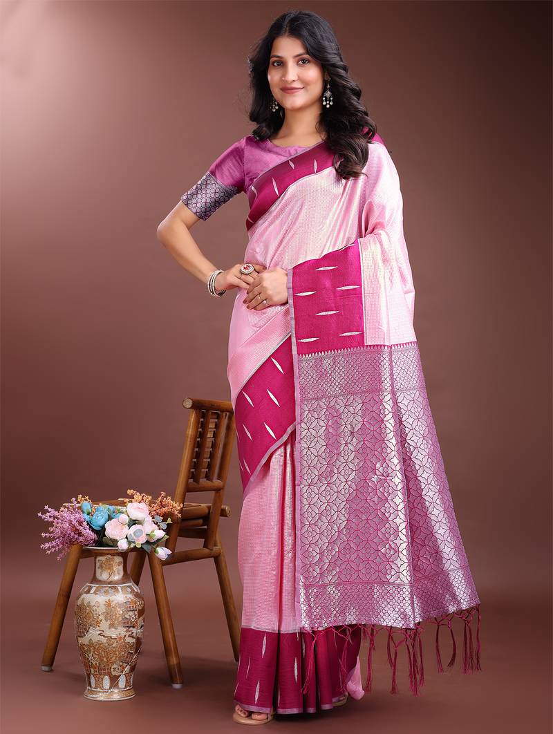 pink color lichi art silk blend zari weaving saree with blouse