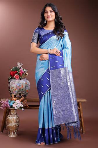 sky blue color lichi art silk blend zari weaving saree with blouse