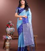 sky blue color lichi art silk blend zari weaving saree with blouse