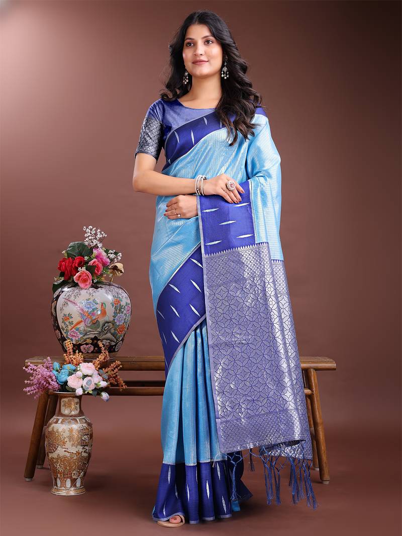sky blue color lichi art silk blend zari weaving saree with blouse