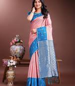 peach color lichi art silk blend zari weaving saree with blouse