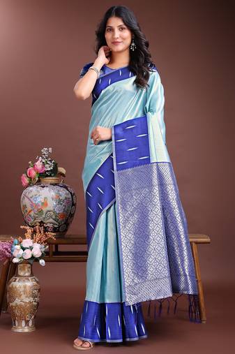 Blue color lichi art silk blend zari weaving saree with blouse