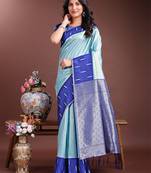 Blue color lichi art silk blend zari weaving saree with blouse