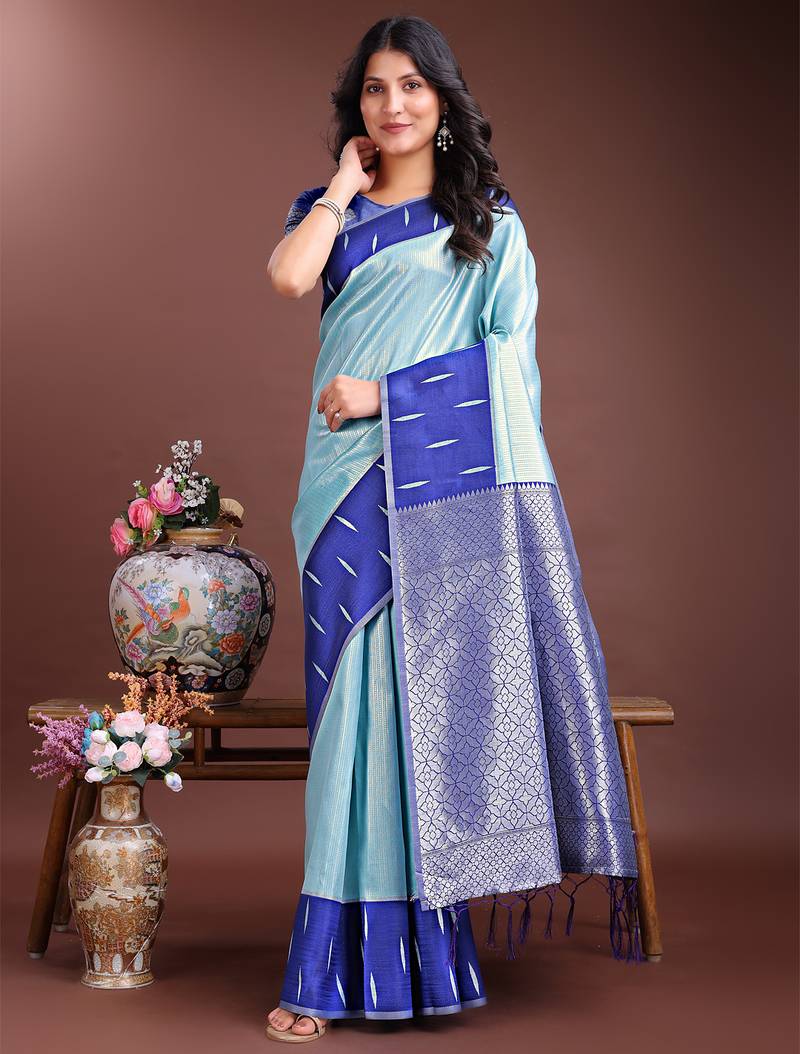 Blue color lichi art silk blend zari weaving saree with blouse