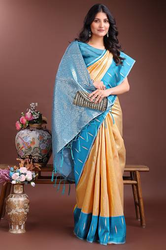 yellow color lichi art silk blend zari weaving saree with blouse